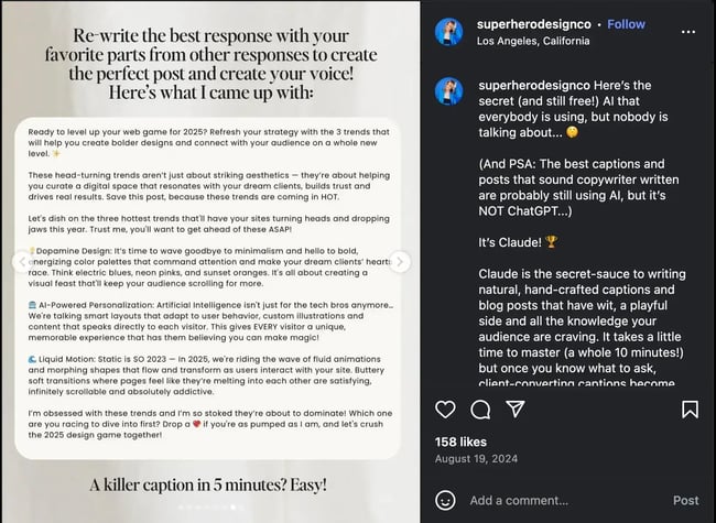  instagram ai tools �� refined Instagram caption output from Claude AI showing iterative prompting result by Superhero Design