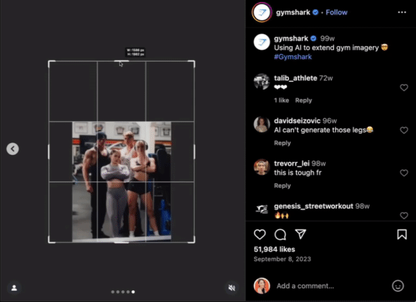  instagram ai tools �� Gymshark Instagram post showing AI background extension using Photoshop Generative Fill