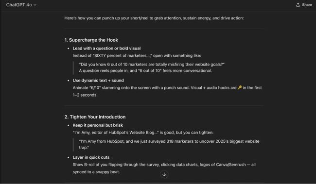  instagram ai tools �� ChatGPT providing Reels script suggestions including hook optimization and introduction tightening