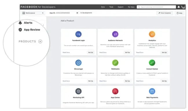 Facebook Developer dashboard with different product cards