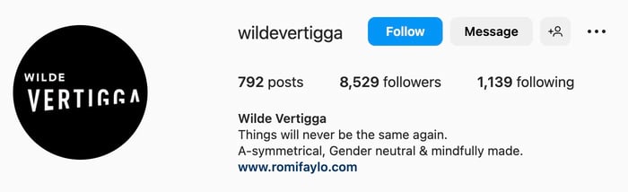 Simple Instagram bio ideas for apparel, wilde vertigga