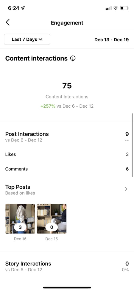 Screenshot showing what engagement metrics can look like in Instagram Insights