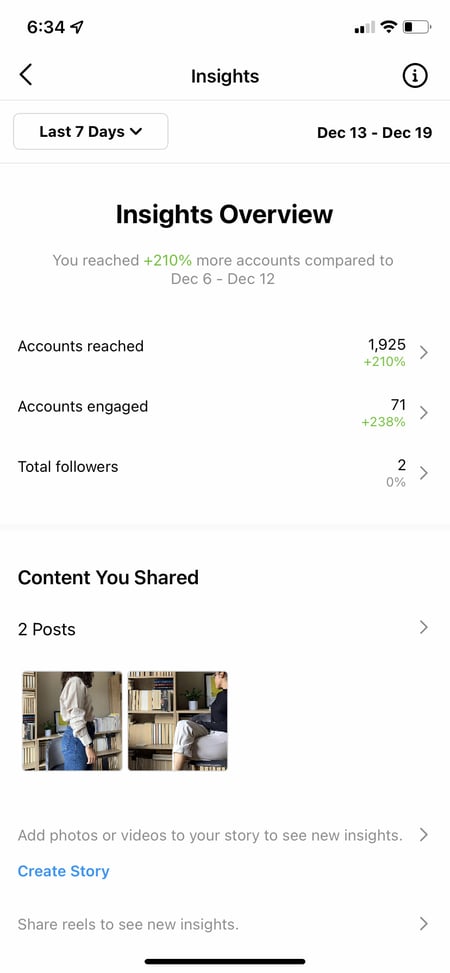 Screenshot showing what an insights overview can look like in Instagram Insights.