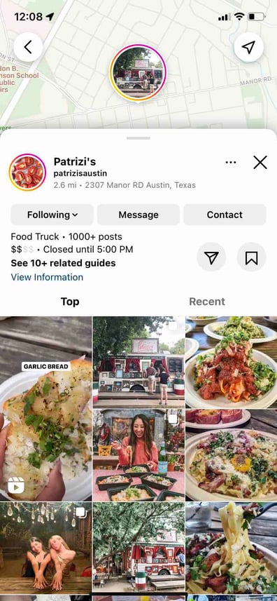instagram marketing for small business, the Instagram geotag results for Austin-based food truck small business, Patrizis