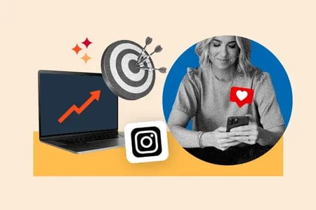 Instagram productivity graphic with Insta logo, bullseye and chart for productivity and image of Jenna Kutcher