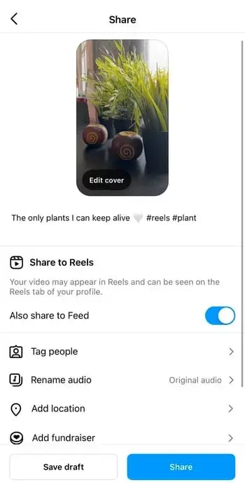 Add an instagram reels caption