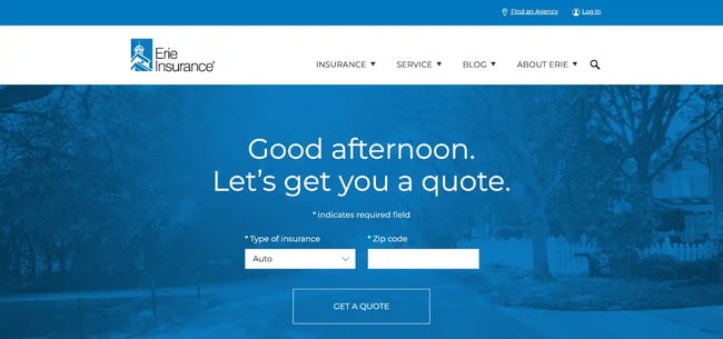 Insurance website design, example from Erie Insurance