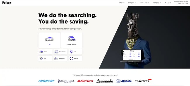 Insurance website design, example from Zebra Insurance