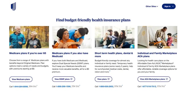 Insurance website design, example from United Health Insurance