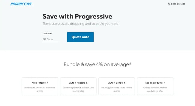 Insurance website design, example from Progressive