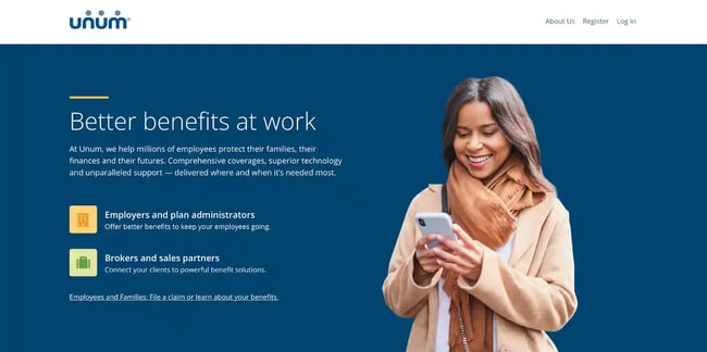 Insurance website design, example from Unum Insurance
