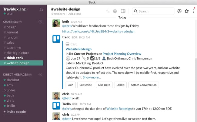integrated software example, slack & trello