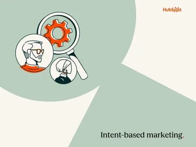 a HubSpot-branded featured image with a cream background and sage green geometric shapes in the foreground, with the words “intent-based marketing” in the bottom righthand corner and a pictogram of two portrait-style silhouettes and a gear in the upper lefthand corner