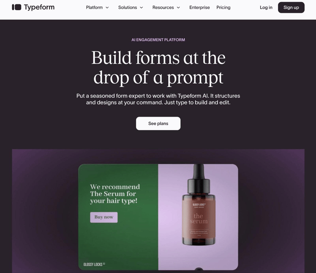 interactive content tool, the typeform homepage