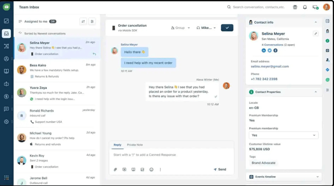 intercom team inbox showing conversation threads with customer contact information and activity history in the sidebar