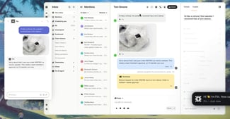 Las herramientas de servicio al cliente para empresas de Intercom muestran los chats con los clientes, las respuestas de la IA de Fin y el proceso de reembolso de un jersey roto