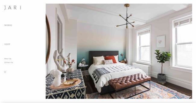 interior design website: Jari shows a bedroom scene and the menu on the left hand side of the screen 