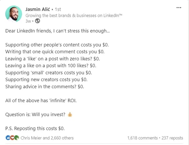 LI post about infinite ROI by Jasmin Ali?