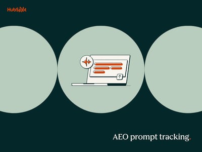a hubspot-branded featured image graphic with three light green circles in the foreground and a dark forest green background, with the words “AEO prompt tracking” in the bottom right corner and the hubspot logo in the top left corner, with a pictogram of a computer in the center