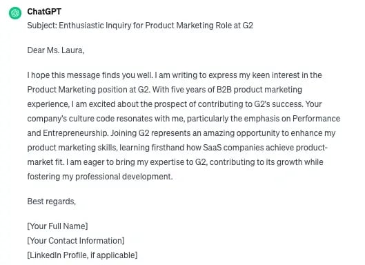 job interest email, short