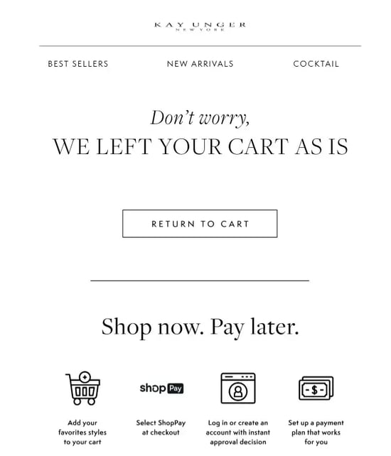 Kay Unger offers a Pay Later option in its second cart abandonment email.