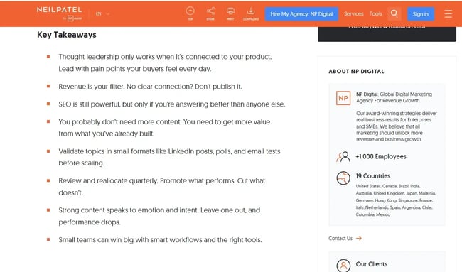 key takeaways example from neilpatel’s site, an llm-friendly website