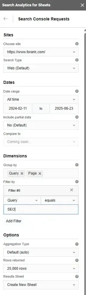 screenshot of search analytics for sheets sidebar.
