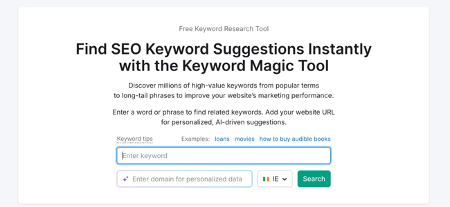 Semrush free keyword research tool input screen for finding SEO keyword suggestions instantly.