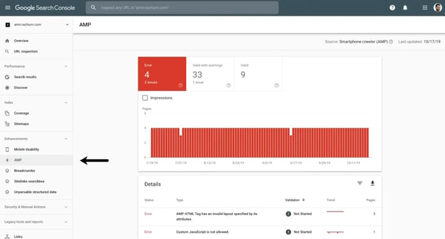 Google Search Console AMP report showing errors, warnings, valid pages, and issue details.