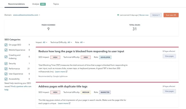 HubSpot SEO recommendations dashboard showing on-page SEO issues, technical difficulty, and pages affected in a SEO keyword research workflow.
