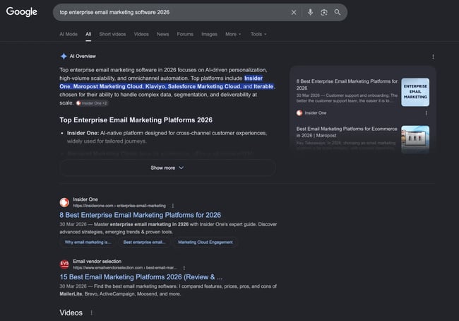 Google search results showing AI Overview and organic results for top enterprise email marketing software in a keyword research tools SEO workflow.