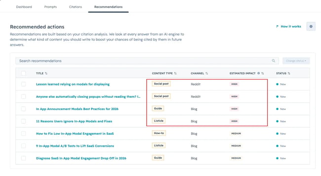 HubSpot AEO recommendations dashboard showing content types, channels, and estimated impact for improving AI visibility.