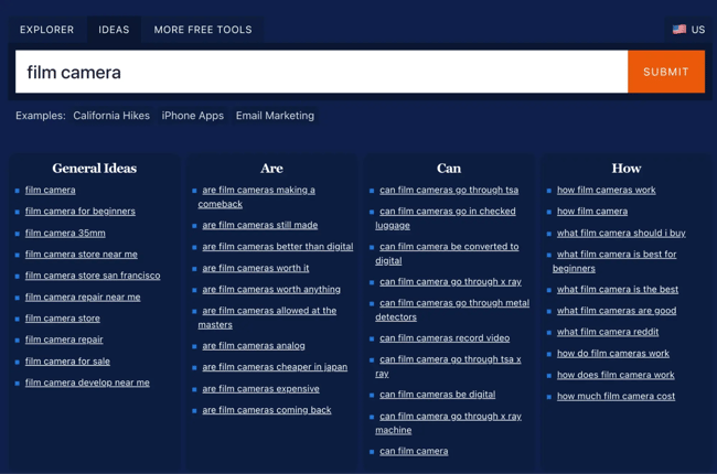 Ryan Robinson's free SEO keyword research tool showing keyword ideas for film camera searches.