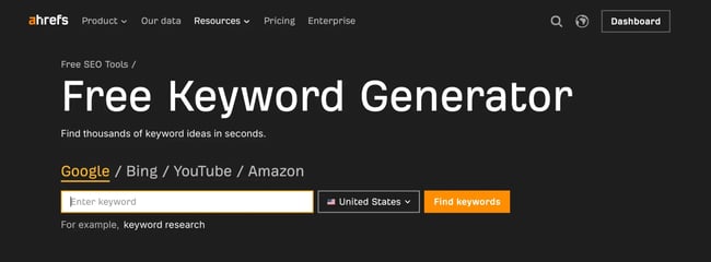 Ahrefs Free Keyword Generator homepage for finding keyword ideas across Google, Bing, YouTube, and Amazon