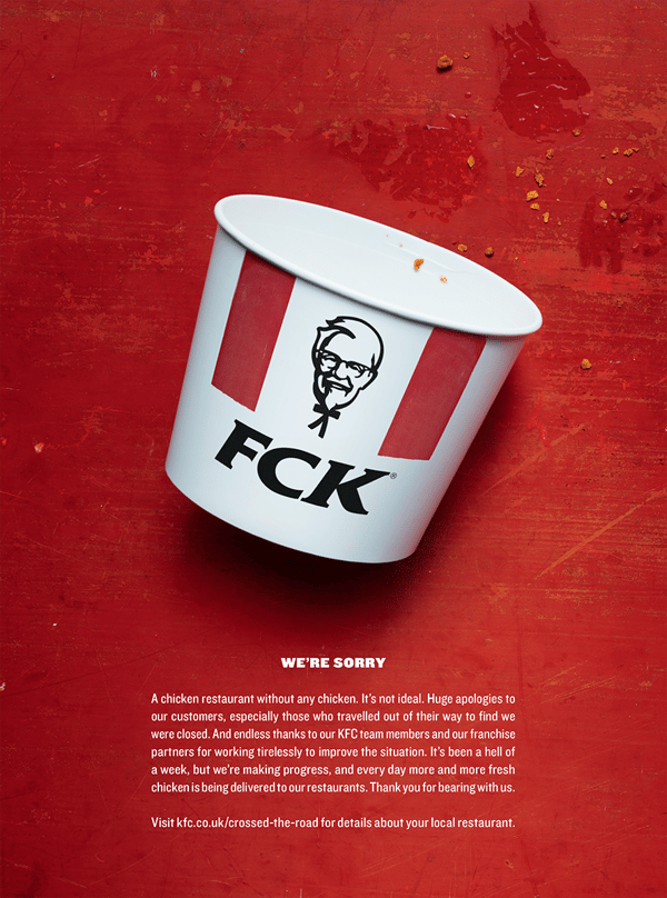 KFC print ad utilizes humor and humility to apologize to its customers.