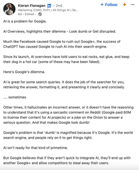 kieran flanagan ai overviews linkedin post