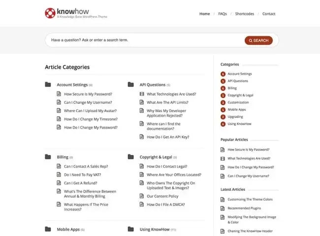 Knowledge base website with search tool and categorized articles created with the KnowHow theme for WordPress 