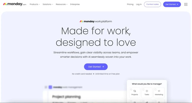 landing page example, monday.com