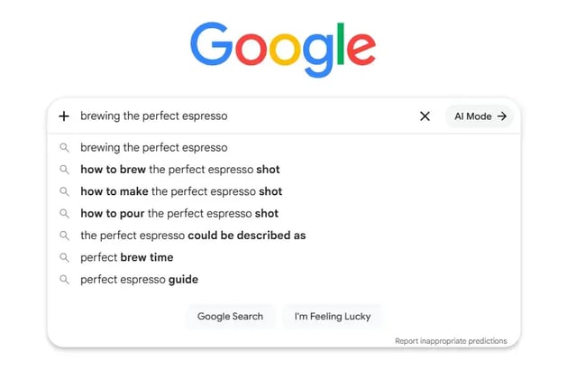 Latent semantic indexing isn't needed to find related keywords �� Google's search dropdown surfaces them, as shown for ��brewing the perfect espresso.��