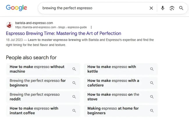 Latent semantic indexing isn't needed to find related terms �� Google's 'people also search for' section reveals them, shown here for an espresso query.