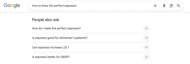 Latent semantic indexing isn't needed to surface audience questions �� Google's 'people also ask' box lists them, shown here for ��espresso brewing.��