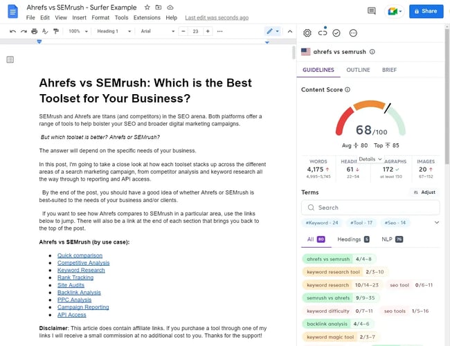 Latent semantic indexing isn't needed to gauge keyword coverage �� Surfer SEO recommends term frequency based on top-ranking competitors, as shown in its right-hand menu.