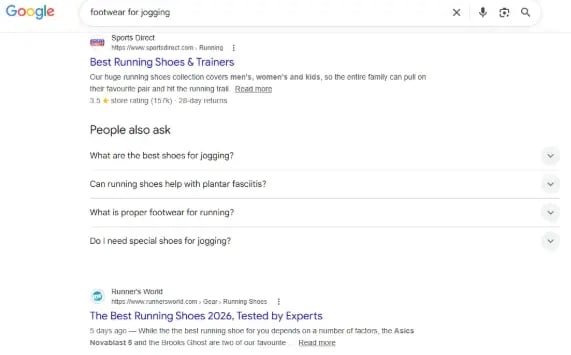 Latent semantic indexing isn't needed for Google to rank a running-shoes page for the query "footwear for jogging," as this search result shows.