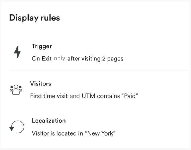 lead generation system, image from wisepops showing display rules