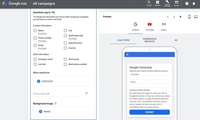 lead generation tools image from Google Ads Lead Gen form extension showing a lead form being created