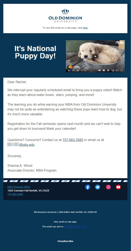 lead nurture email example from old dominion university