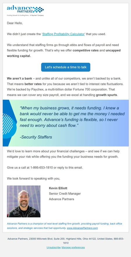 lead nurturing email example from advance partners