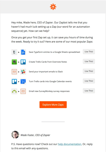 lead nurturing email example from zapier