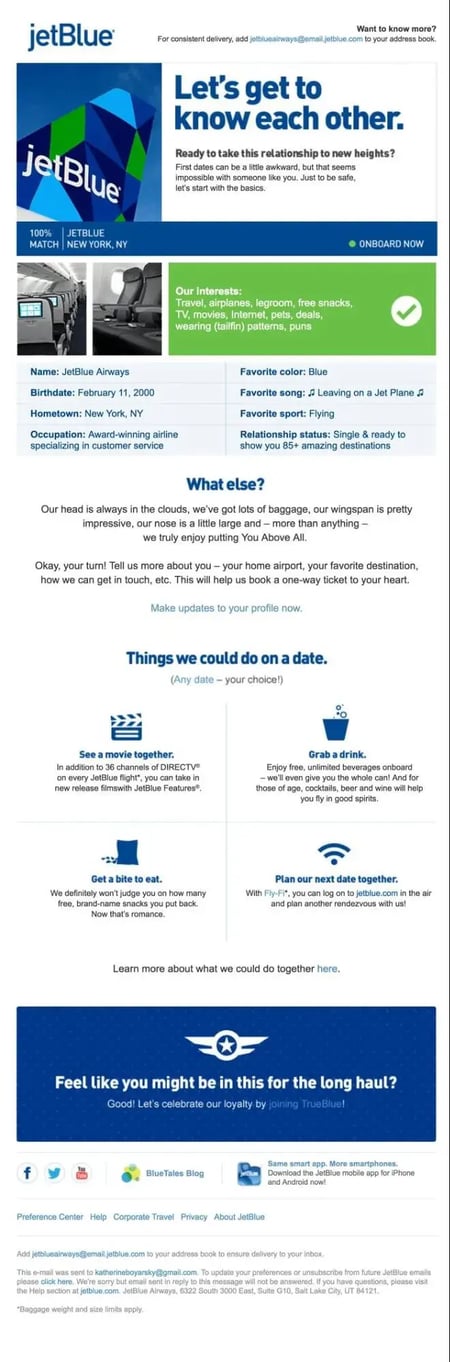 lead nurturing email from jetblue