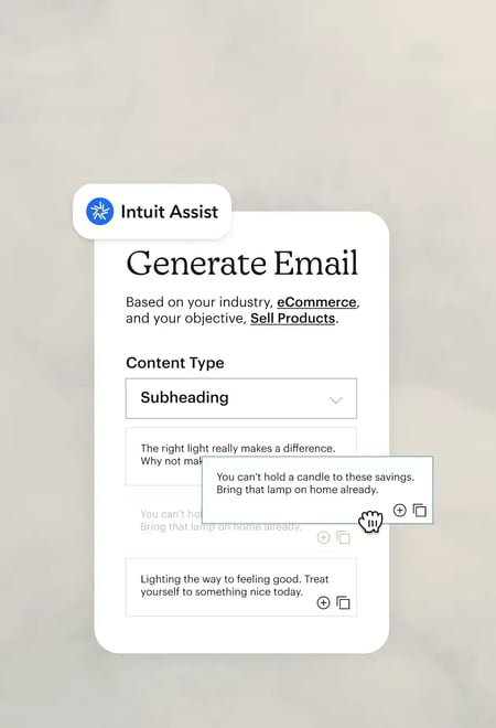 lead sourcing software image from mailchimp showing the intuit assist helping to generate an email